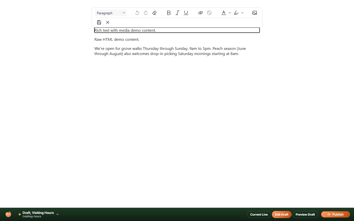 Rich Text with Media inline editor, with the image button visible in its toolbar