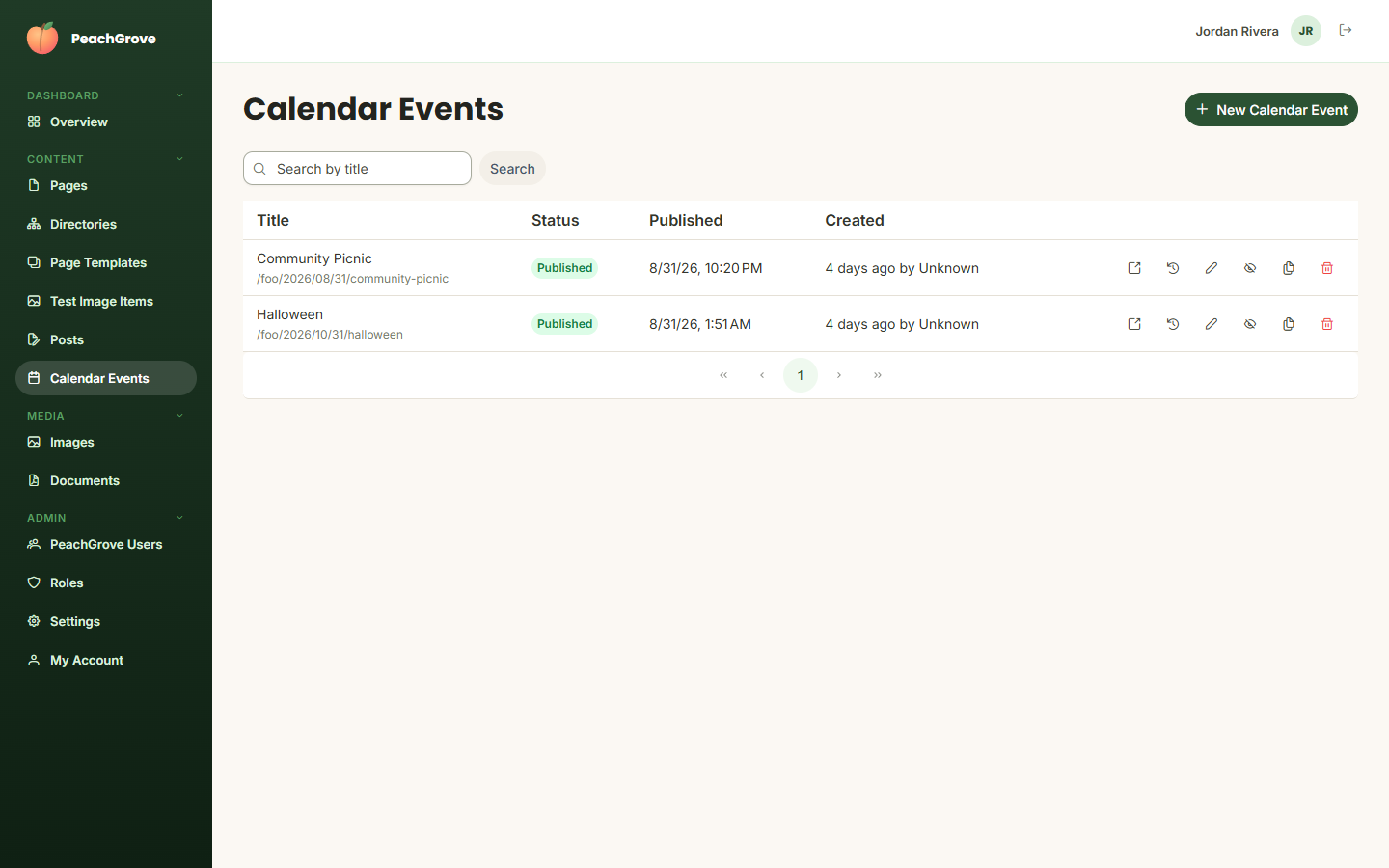 Calendar Events list