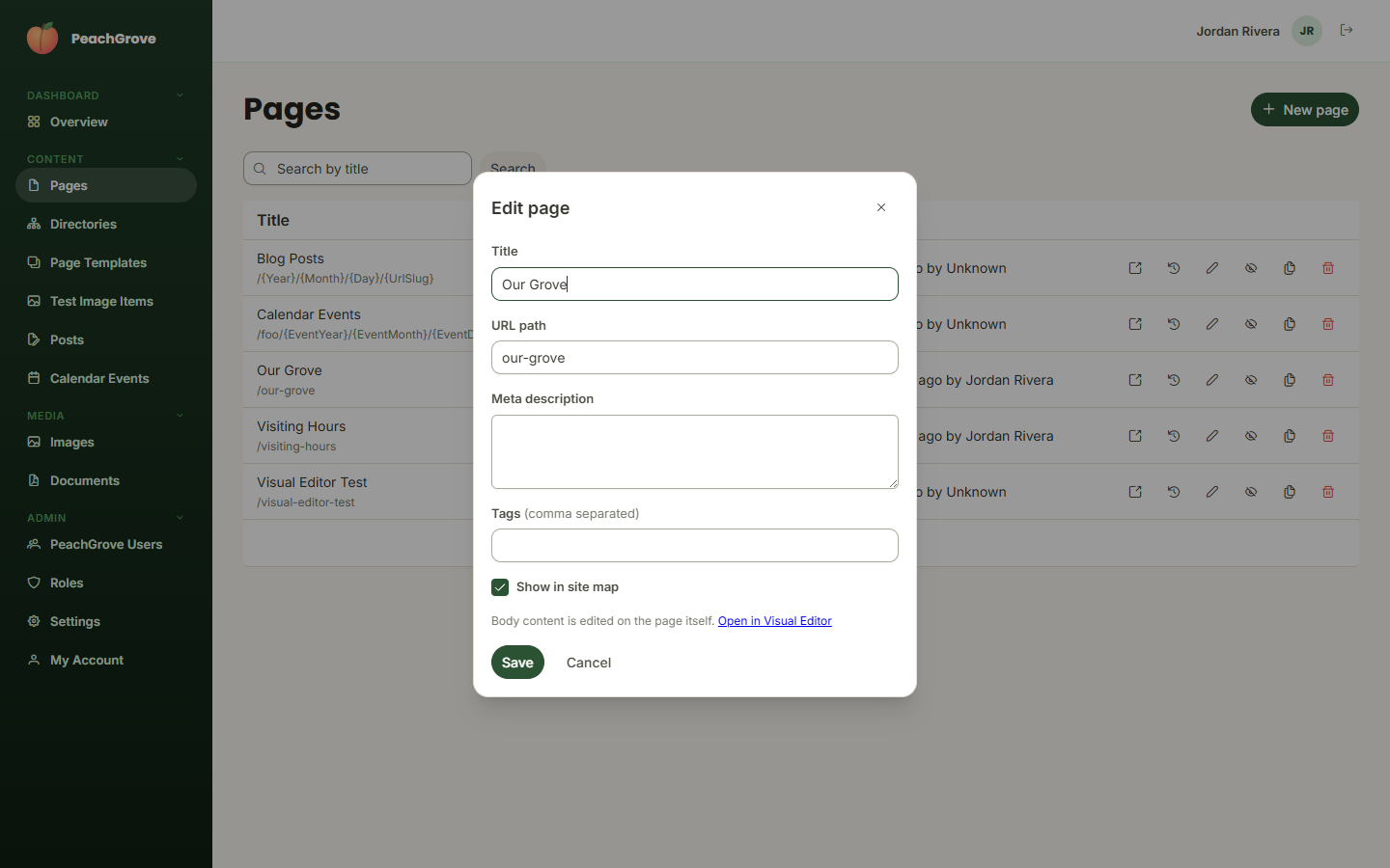 Edit page dialog with the Open in Visual Editor link