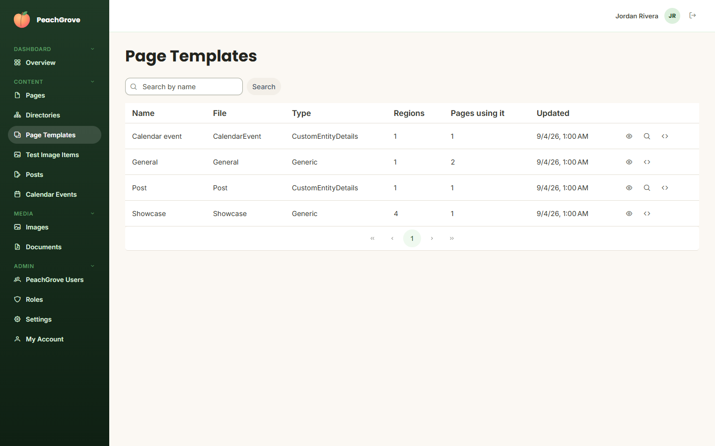 Page templates list