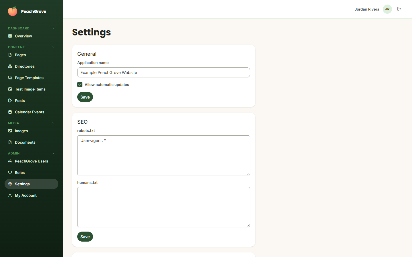 Settings page