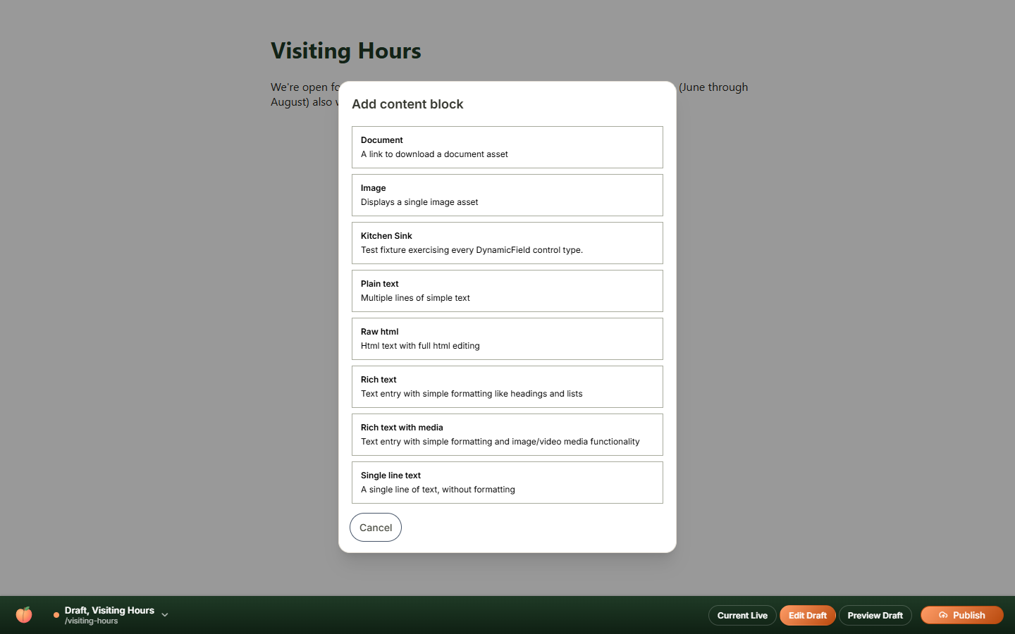 Add content block menu